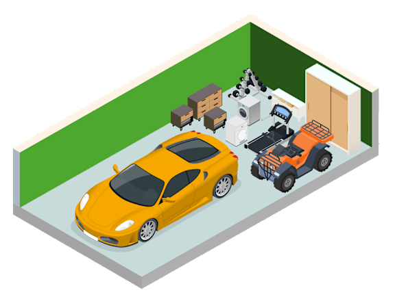 A yellow car is parked in a garage with a lawn mower and other items.