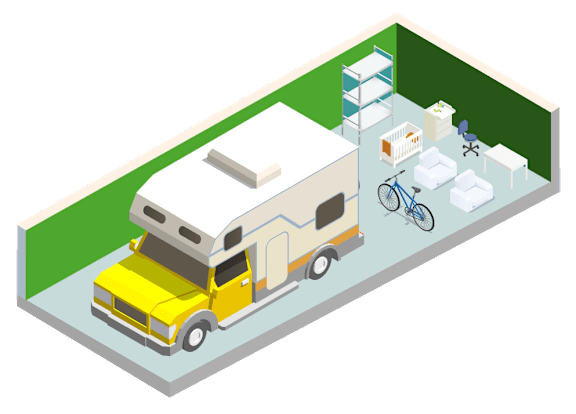 A yellow RV is parked in a green area with a small campsite set up.