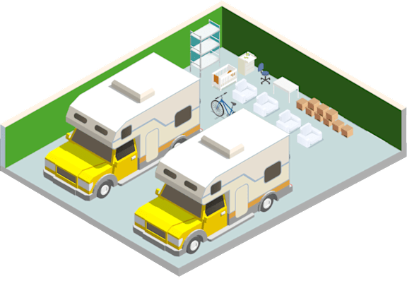 Two yellow RVs are parked in a green area.