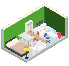 A room with a bed, desk, chair, and a computer.