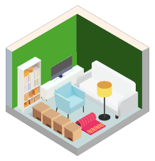 A room with a sofa, a chair, a desk, a lamp, and a bookshelf.