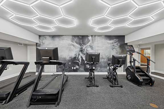 A gym with treadmills, exercise bikes, and a wall mural.