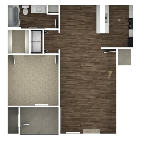 A top down view of a room with a couch, a bed, a table, and a chair.