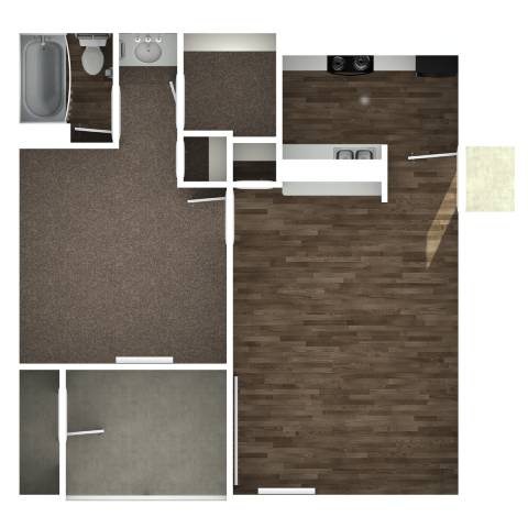 A series of images showing a room with a brown floor and a white bed.