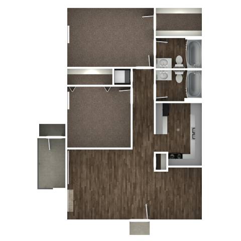 A floor plan of a small apartment with a kitchen, living room, and bathroom.