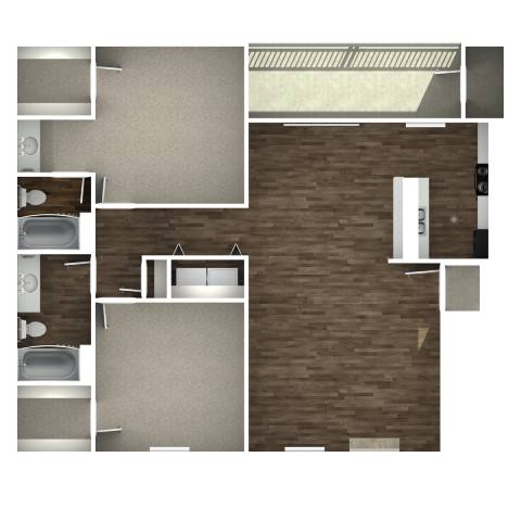 A 3D rendered image of a modern apartment layout.
