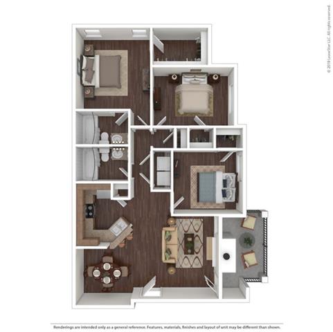 A floor plan of a house with a kitchen, living room, and two bedrooms.