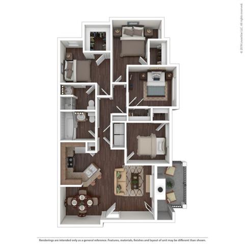 A floor plan of a house with a kitchen, living room, and bedrooms.