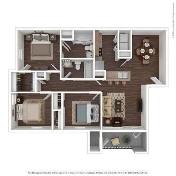 A 3D floor plan of a house showing the layout of the rooms.