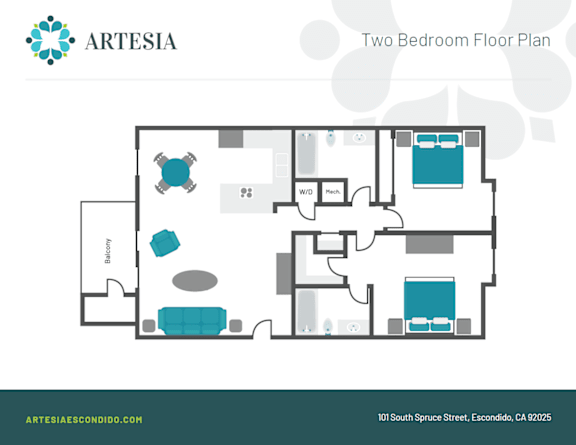 A floor plan of a two bedroom apartment from Artesia Condos.