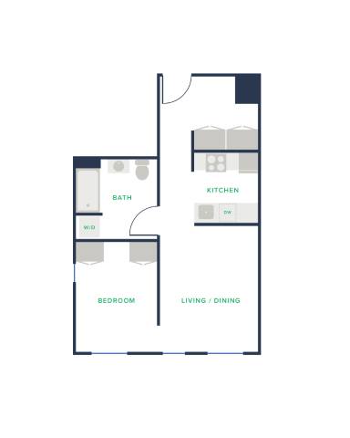 A floor plan of a small apartment with a bedroom, bathroom, and kitchen.