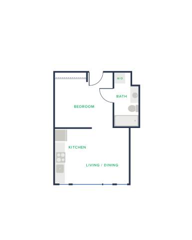 A floor plan of a room with a bedroom, bathroom, kitchen, and living/dining area.