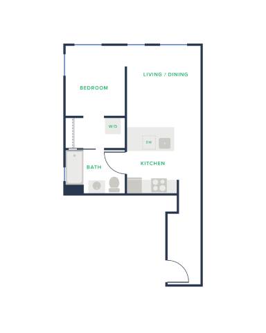 A floor plan of a house with a bedroom, bath, and kitchen.