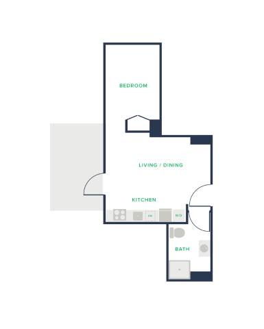 A floor plan of a small apartment with a bedroom, living room, kitchen, and bathroom.