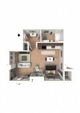 A cutaway view of a house showing the interior of a kitchen, living room, and bedrooms.