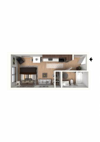 Floor Plan  A floor plan of a house with a kitchen, living room, and two bedrooms.