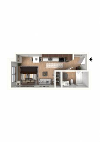 A floor plan of a house with a kitchen, living room, and two bedrooms.