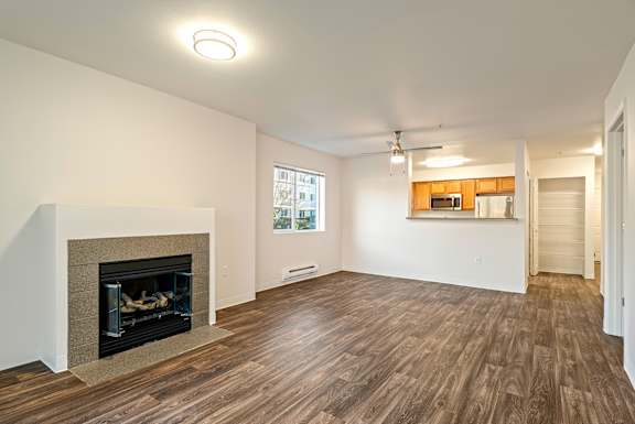 A living room with a fireplace and a kitchen area in the background.