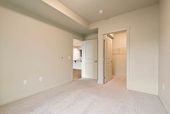A room with a white door and a white closet.