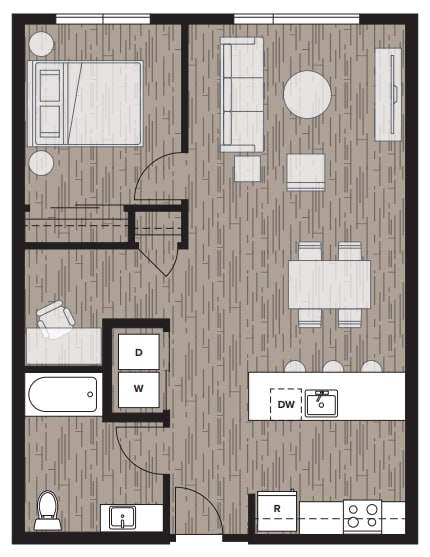 One bedroom apartment floor plan layout 1 at Riverfront Everett Apartments, Everett