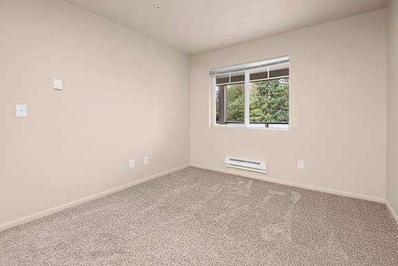 A room with a window and a carpeted floor.
