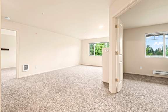 A large, empty room with a carpeted floor and a window showing greenery outside.