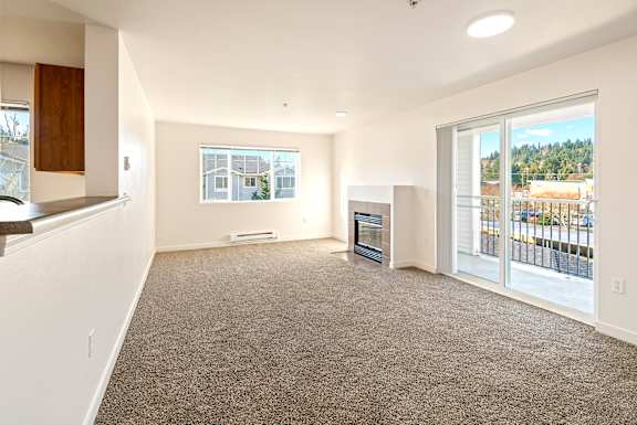 A spacious living room with a carpeted floor and a view of the outdoors through a sliding glass door.