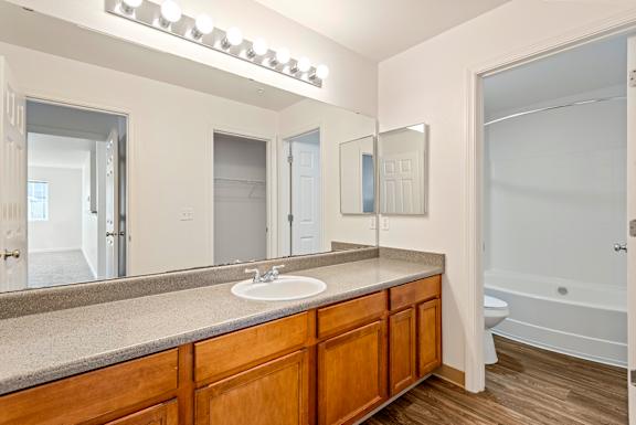 A bathroom with a sink, mirror, and a tub.