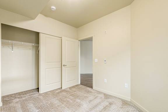 A room with a carpeted floor and a closet with a door and a window.