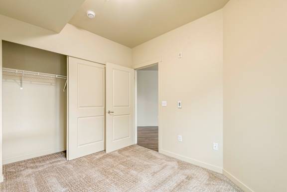 A room with a carpeted floor and a closet with a door and a window.