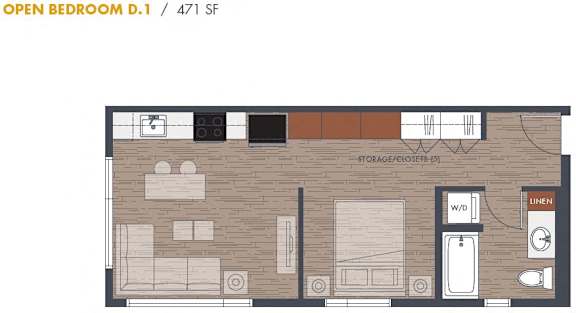 One Bedroom D1 Floor Plan at Metro Line Flats, Seattle