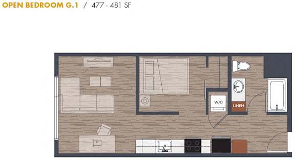 Open bedroom floor plan 477 to 481 square feet at Metroline Flats Apartments, Seattle, WA