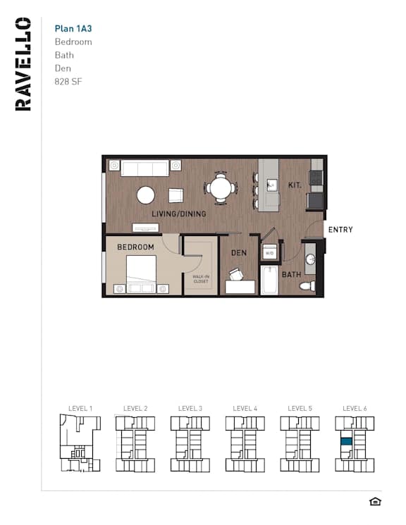 One bed one bathroom floorplan with walk-in closet at Ravello Apartments, Washington