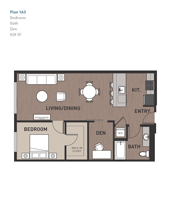 One bed one bathroom floorplan with den at Ravello Apartments, Redmond, 98052