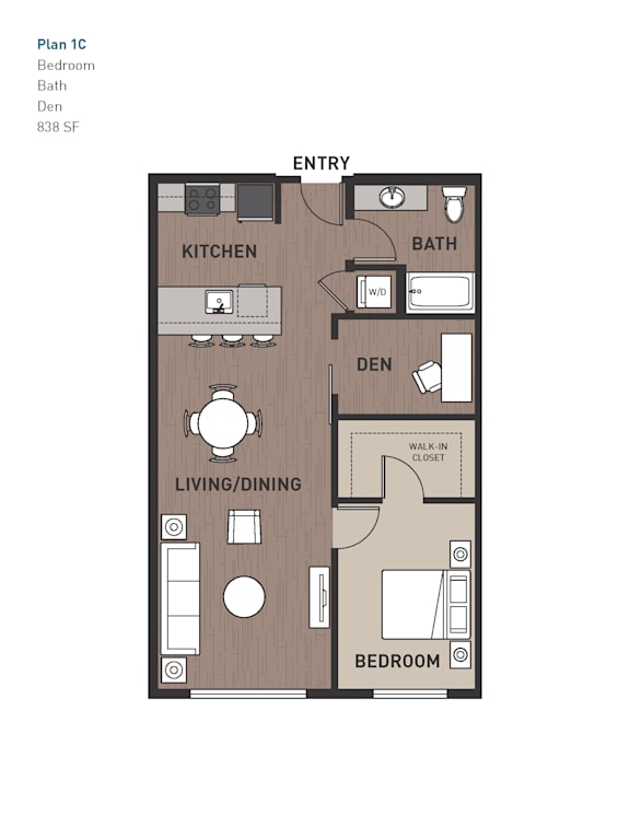 One bedroom 1 bathroom floorplan with den at Ravello Apartments, Redmond, WA 98052