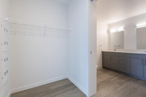 A white closet with a mirror and a cabinet.