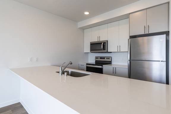 A kitchen with a white countertop and stainless steel appliances.