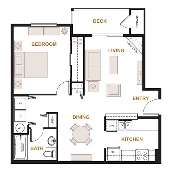 One bedroom floor plan with deck and fireplace at Valley Springs Apartments, Washington