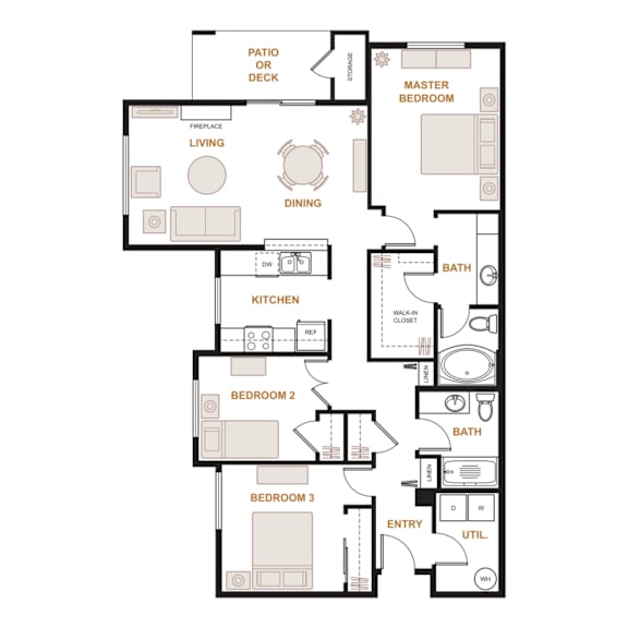 Valley Springs Apartments Elm 3-Bedroom Floorplan