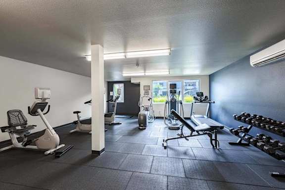 A gym with a variety of equipment including treadmills, weights, and exercise machines.