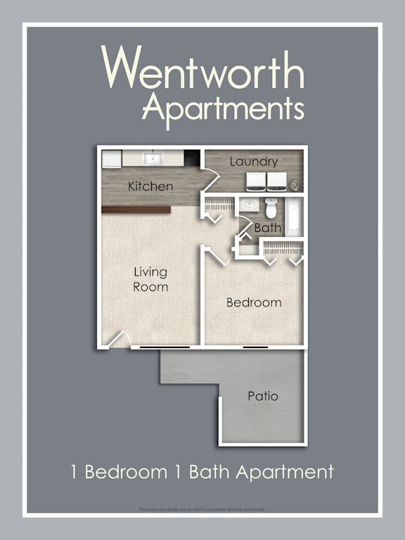 A floor plan of a one bedroom, one bathroom apartment with a living room, kitchen, and patio.