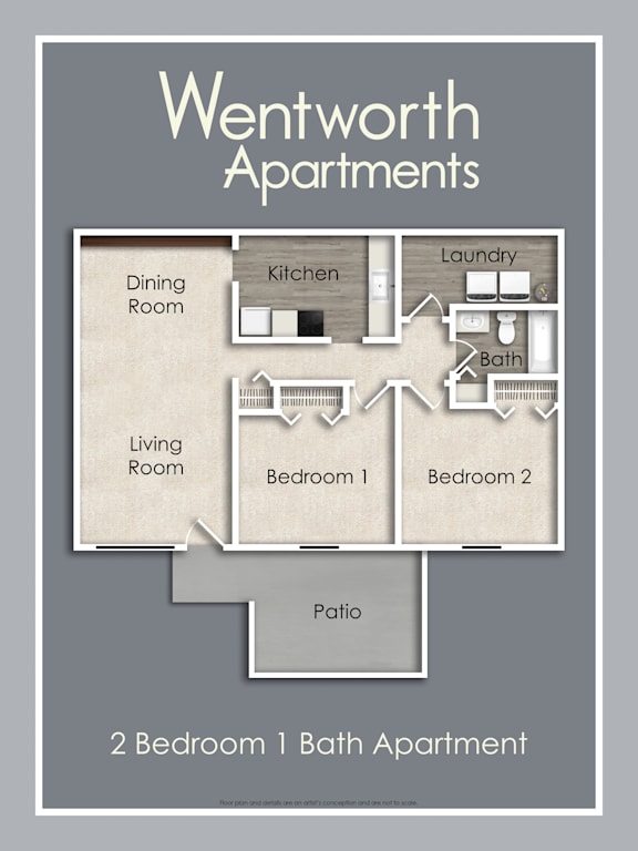 A floor plan of a 2 bedroom apartment with a living room, dining room, kitchen, bathroom, and laundry room.