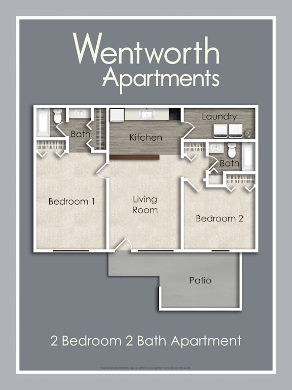 A floor plan of a 2 bedroom 2 bath apartment with a living room, kitchen, bathroom, and patio.