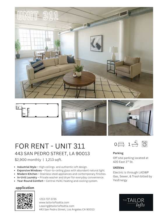 A living room with a couch, chair, and coffee table is shown in a rental unit advertisement.