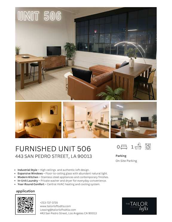 A real estate listing for a furnished apartment at 443 San Pedro Street, LA 90013.