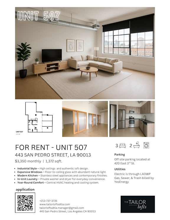 A living room with a TV, couch, and coffee table is on the top half of the image, and the bottom half shows the unit's floor plan, rent information, and contact details.