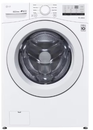 The front load washing machine is white in color.