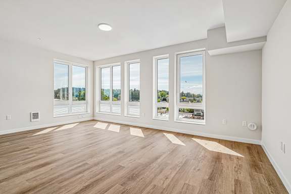 A room with wooden floors and white walls, with four windows showing a view of trees and sky.