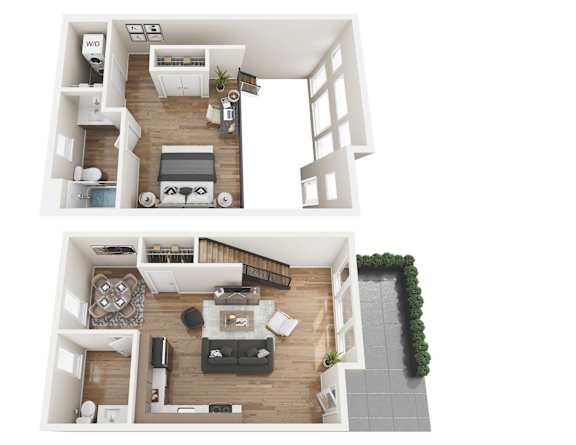 A floor plan of a two-story apartment with a living room, kitchen, and bathroom on the first floor and a bedroom with a balcony on the second floor.