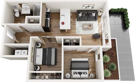 A top-down view of a house layout with a kitchen, living room, and bathroom.